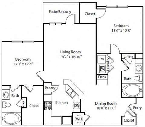 Floor plan for 2 beds, 2 baths, 1177 sqft